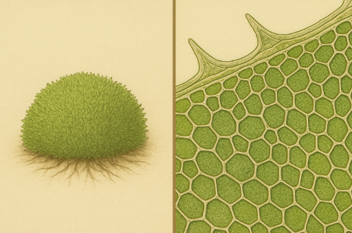 Vintage-style illustration showing two views of moss. On the left, a rounded moss patch is drawn in earthy greens against a beige background. On the right, a highly magnified section reveals detailed plant cell structure with irregular hexagonal cells and spiky protrusions along the edge.